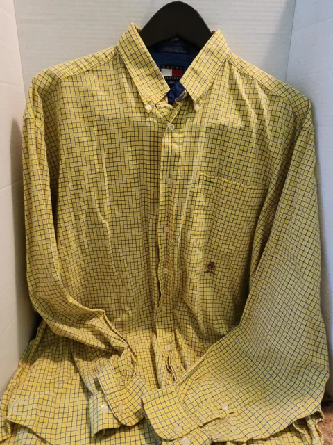 Mens Size L Tommy Hilfiger Long Sleeve Button Up, Embroidered Logo,Yellow,blue