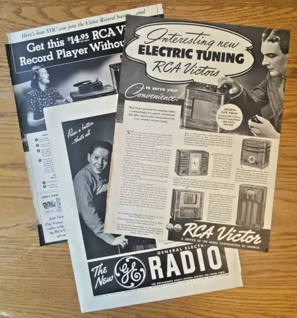LOT of 3 1930s GE RADIO & RCA VICTOR Vintage Full Page Magazine Ads 14x10"