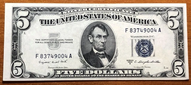 1953-B $5 FIVE DOLLAR SILVER CERTIFICATE NOTE Fr.1657, FA BLOCK GEM UNCIRCULATED