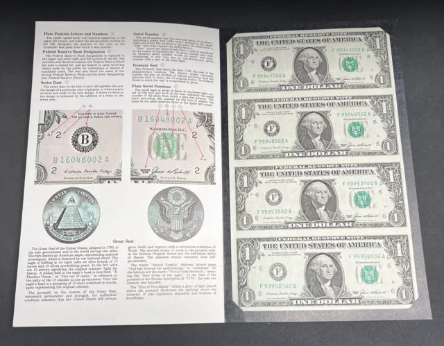 Uncut Sheet of 4 1985 (Atlanta) $1 U.S. Federal Reserve Notes w/ BEP Envelope