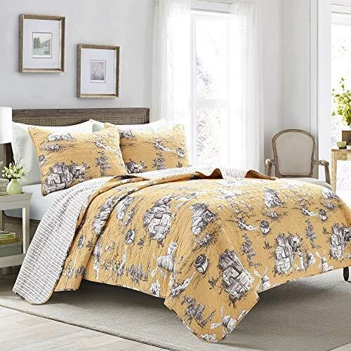 French Country Toile Cotton Reversible 3 Piece Quilt Set, King Yellow/Gray
