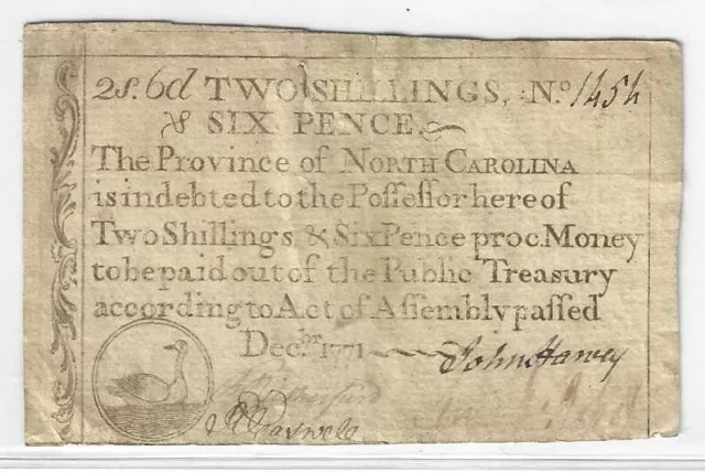 1771 North Carolina 2 Shillings 6 Pence Colonial Currency .... NO RESERVE