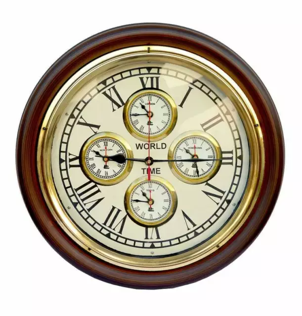 Vintage style nautical brass & wooden wall clock world time clock wall decore