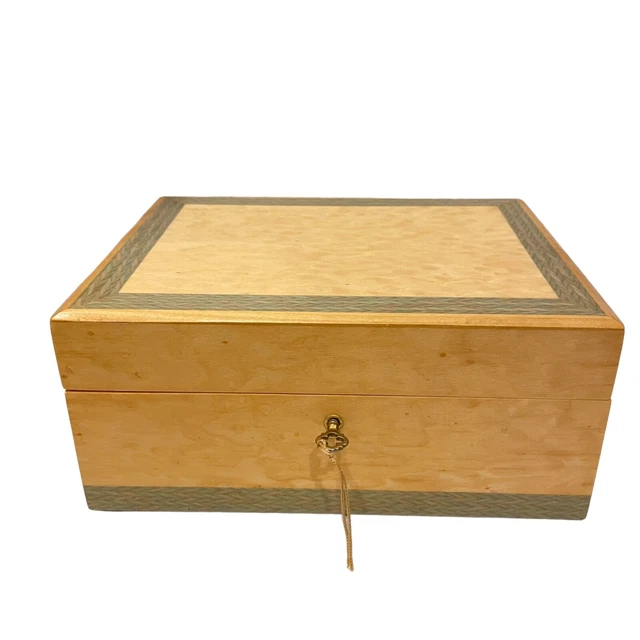 Burl Maple Inlaid Marquetry Two Tiered Jewelry Box Lined w/Key Italy