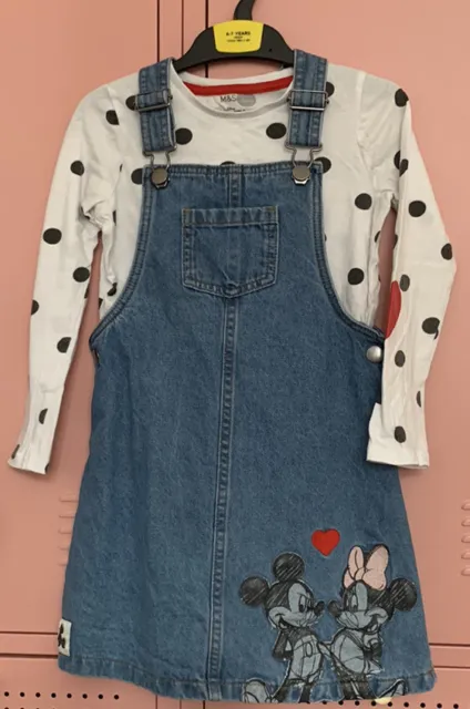 Girls M&S Mickey & Minnie Mouse Dungaree Dress and T-Shirt Set - Age 6-7 Years