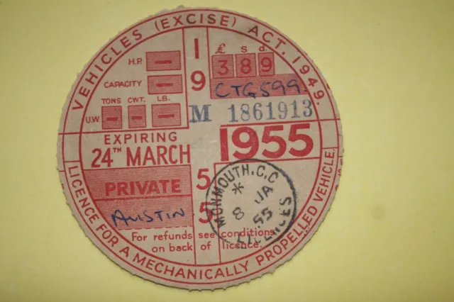 collectable tax disc  ~  MARCH  1955 ~  AUSTIN  ~