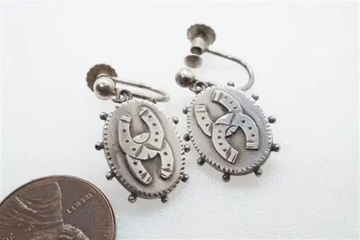 ANTIQUE ENGLISH SILVER LUCKY HORSESHOES EARRINGS c1880