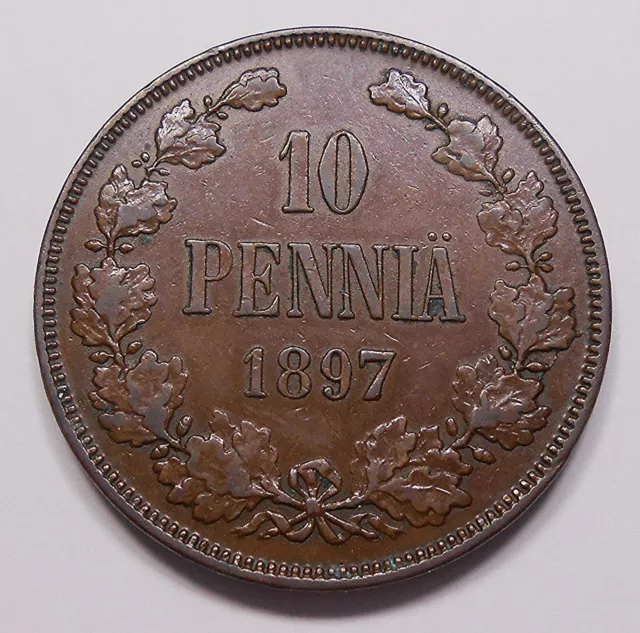 Finland 1897 10 Pennia CHOICE XF HIGH Grade SCARCE Grand Duchy Nicholas II Coin