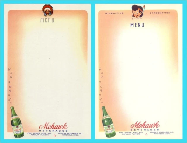 Pittsfield MA - Mohawk "Chief & Little Brave" Soda Menu Sheets #3 -1940s era NOS