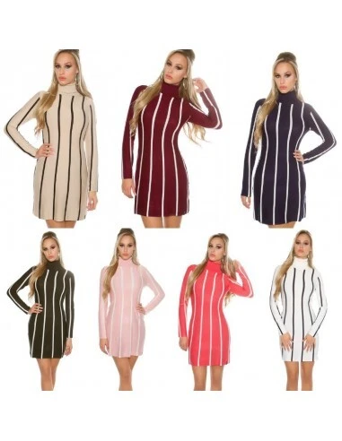 Abito corto donna manica lunga vestito collo alto minidress righe sexy aderente