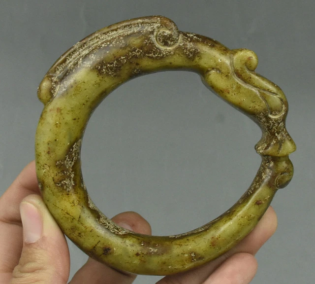 10.5CM China Hongshan Culture Old Green Jade Carved Yu Pig Dragon Hook Bracelet