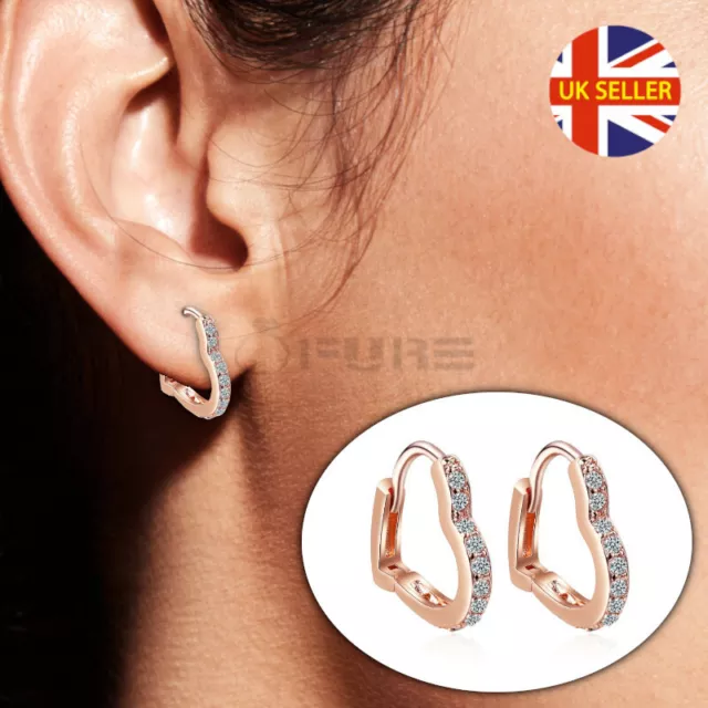 925 Sterling Silver Crystal Heart Huggie Hoop Stud Earrings Womens Girls Gift