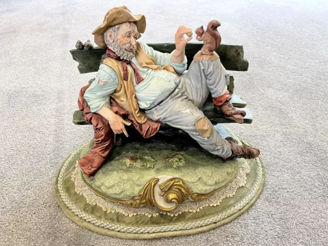 Capodimonte Bruno Merli Figurine Old Man Tramp On Bench Feeding Squirrel
