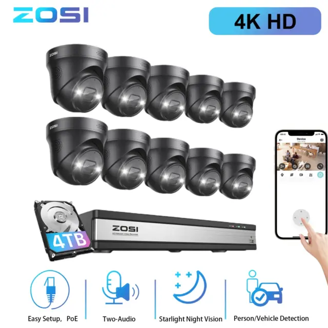 ZOSI 16CH 4K PoE 4TB NVR Security Outdoor Home Spotlight Camera System AI Detct