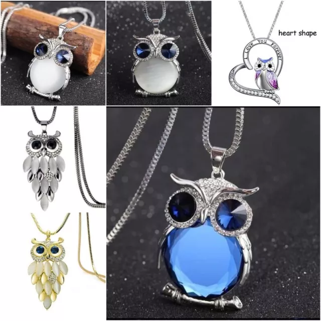 Women Long Sweater Chain Crystal Silver Owl Pendant Necklace Party Jewelry Gifts