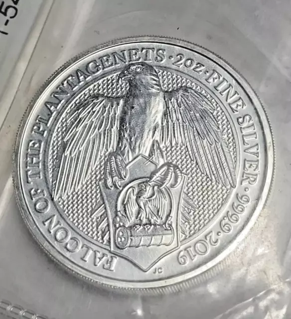 2019 QUEENS BEAST 2 OZ 999.9 FINE SILVER FALCON BU sealed in 2019 APMEX package.