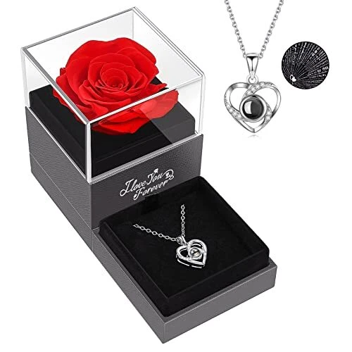 Preserved Red Real Rose with I Love You Necklace -Eternal Flowers Rose Gifts ...