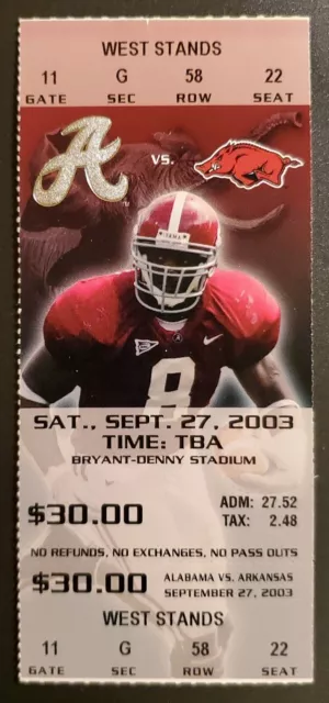 Alabama Arkansas Football FULL Ticket 9/27 2003 LB Freddie Roach Photo Pats Stub