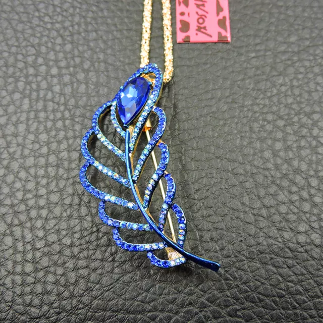 New Blue Bling Crystal Leaf Betsey Johnson Pendant Women Necklace/Brooch