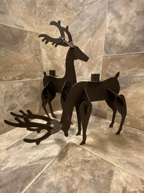 Pair of Rustic Metal Cast Iron Thin Reindeer 15 1/4” Tall 7” Long Candle Holders