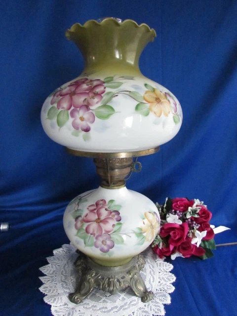 Vtg Green Gwtw Hurricane Parlor Table Lamp Hand Painted Flowers 3 Way Light 20"