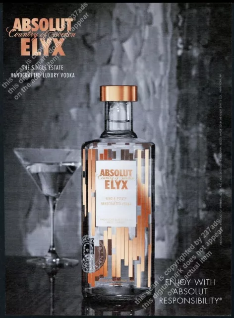 2013 Absolut Elyx vodka bottle photo vintage print ad