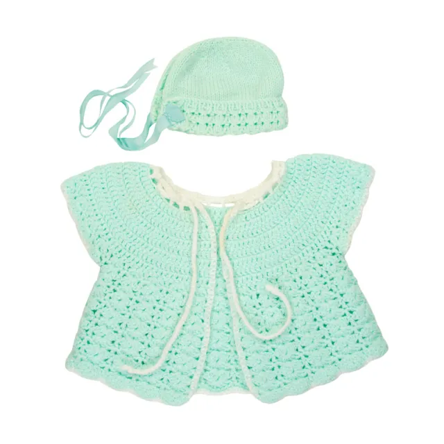 Handmade Knit Baby Infant Outfit Set Bow Beanie Hat Cap Sweater Sea Green 1980's