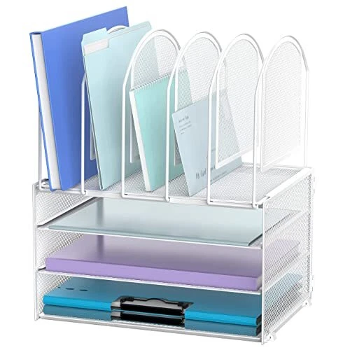 White Paper Desk Organizer, 3-Tier Letter Tray with White-vertical File Holder