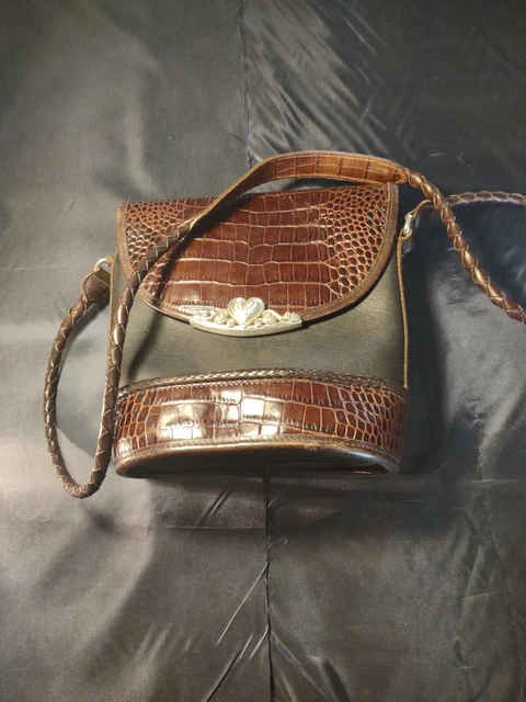 Brighton Vintage Brown Croc Embossed Leather Bucket Crossbody Handbag Purse-EXC