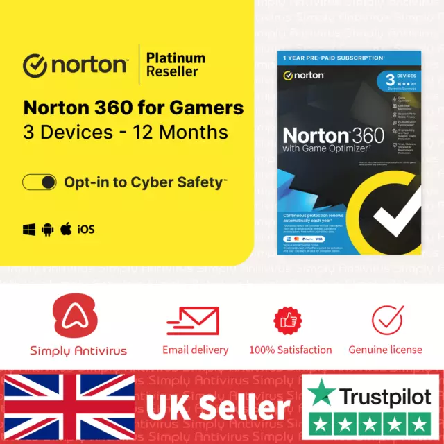 Norton 360 pour Joueurs Antivirus 2024 3 Appareil 1 An 5 Minutes Email Livraison