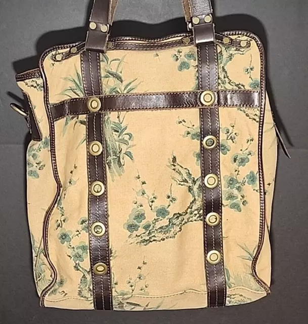 Lucky Brand Vintage Inspired Hobo Tote Palm Leaf Canvas and Leather