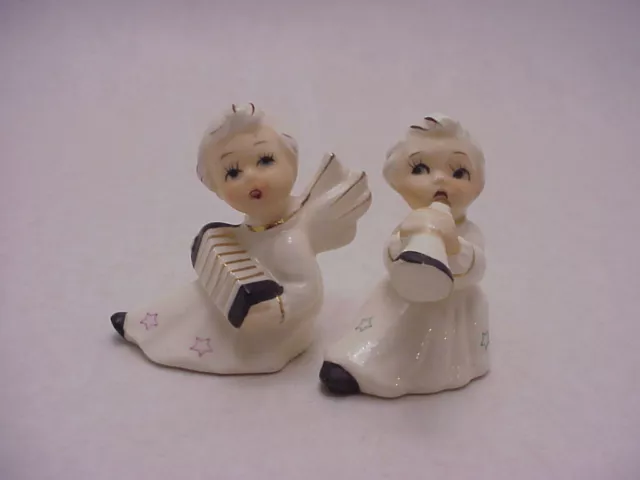 2 Vintage White Christmas Musician Angels Japan Pair Figurines Ceramic