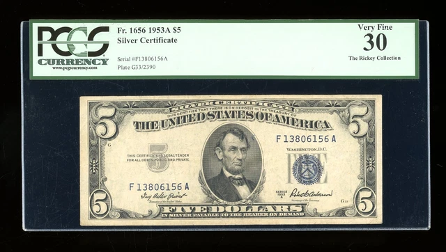DBR 1953-A $5 Silver Fr. 1656 FA Block PCGS 30 Serial F13806156A