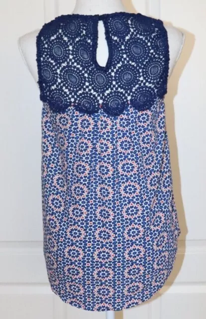 Ella Moss Yazmine Mosaic Print Crochet Navy Blue Red White Top Size XS 3