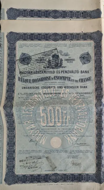 Hungary: 2x Banque Hongroise d'Escompte et de Change - 1911 - GOLD 500Frs