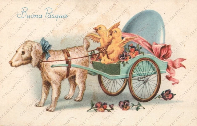 Buona Pasqua Cane con calesse Pulcini uova Cartolina augurale illustrata