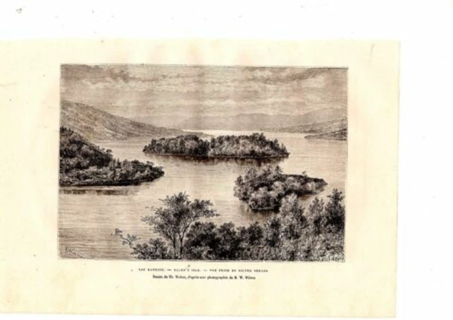 GRAVURE SUR BOIS 19è LAC KATRINE ELLEN'S ISLE VUE PRISE DE SILVERSTRAND ISLANDE