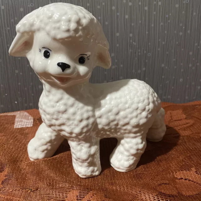 Vintage Lamb Coin Piggy Bank Hand Painted Ceramic Easter Decor ~ DK Mid Century