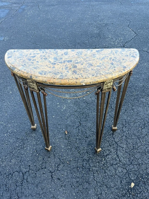 Wrought Iron Demilune Marble Top Console Table Rope & Tassel After Oscar Bach
