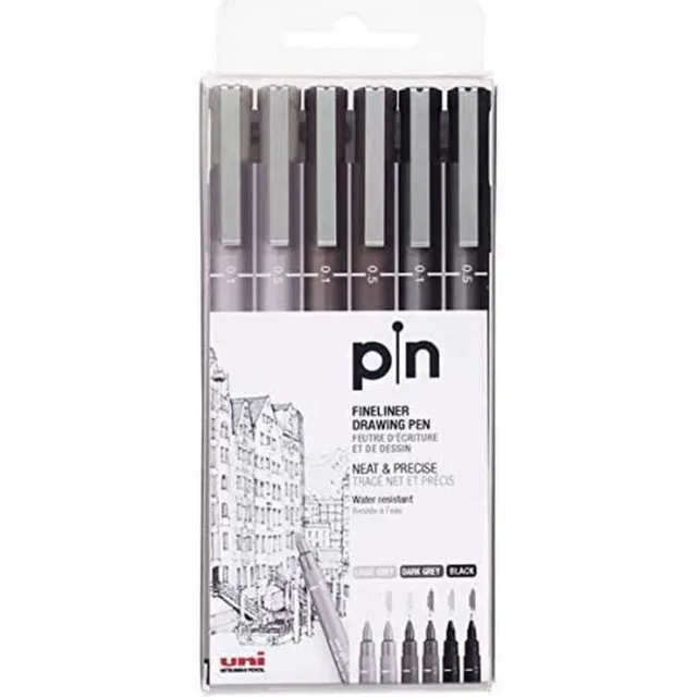 uni-ball Set of 6 Grey & Black Uni-Pin Calibrated Marker Pens with Various Diffe