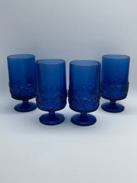 LE Smith Cobalt Blue Wicker Basket set of 4 Footed Glasses - 3 sets available