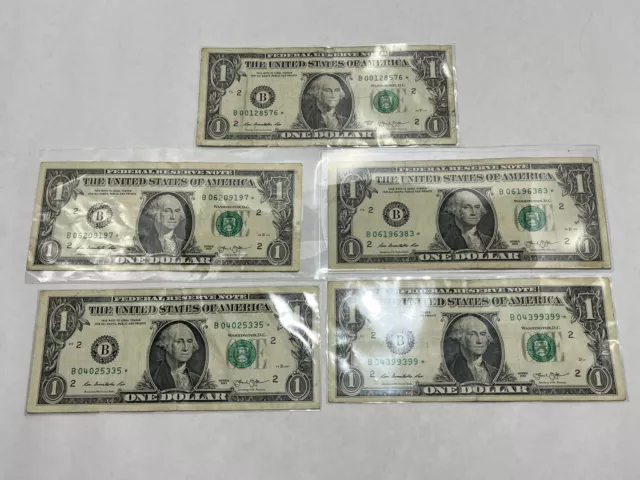 Lot Of (5) 2013 "B" $1 One Dollar Star Note Bill Duplicate Series With Sleeves