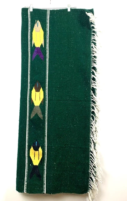 Vtg Mexican Hand Woven Green Fish Blanket Serape Fringe 78X48