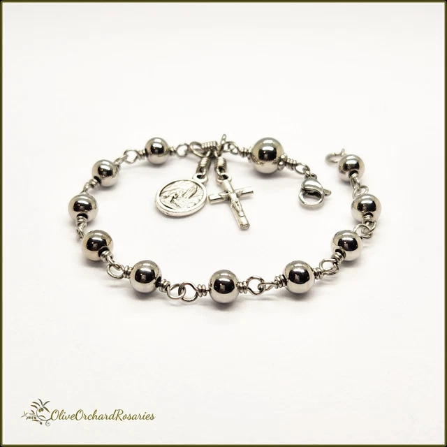 Handmade Our Lady of Lourdes Stainless Steel Beads 6.5" Small Rosary Bracelet