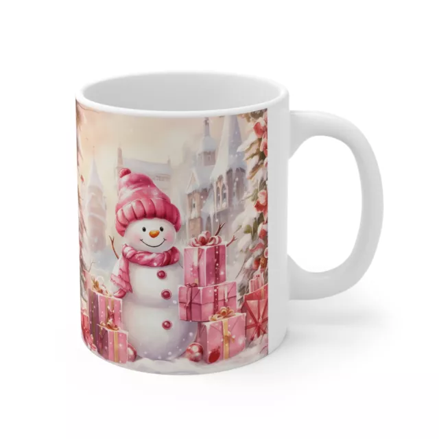 Pink Snowman with snowflakes Cute Mug Cup, Watercolor Christmas gifts Tea cup