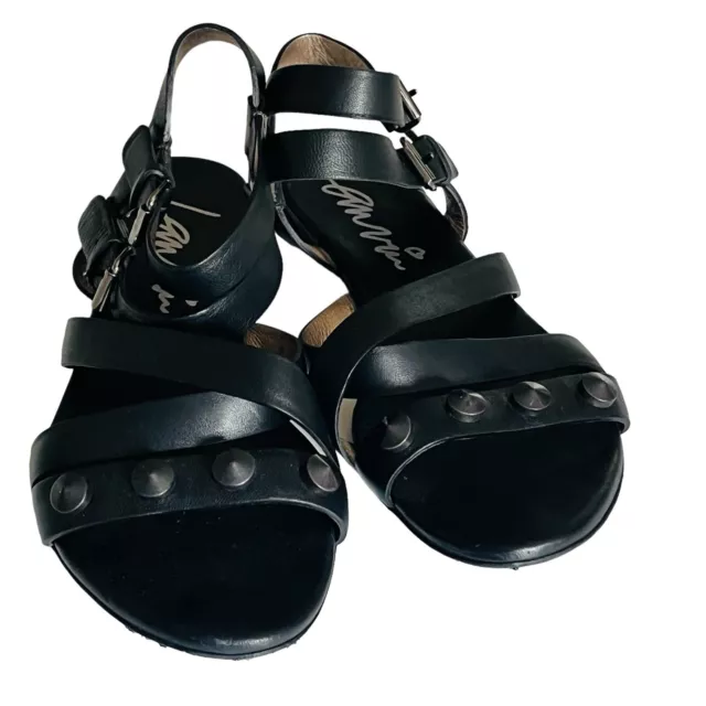 Lanvin Black Studded T-Strap Double Buckle Flat Leather Sandals Sz EU 36.5 US 6