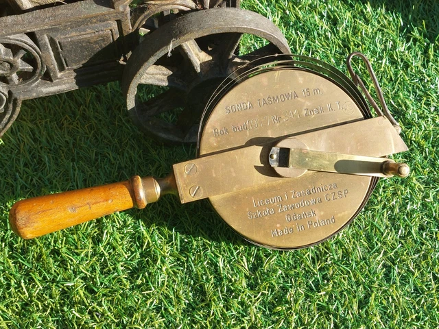 Vintage Metal/Brass 15m Tape Measure Surveyors. Made in Gdansk, Poland 1977
