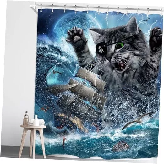 Funny Cat Pirate Shower Curtain Ship Sea Ocean Waves Nautical Sailboat Moon