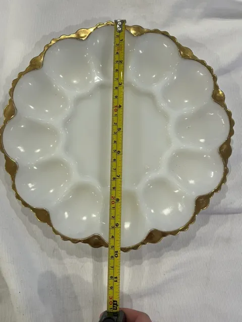 Milk Glass Deviled Egg Plate 10" Egg Tray Gold Rimmed Round