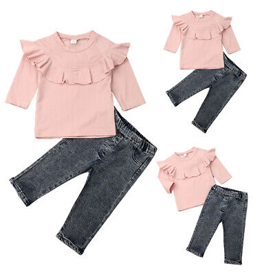 Baby Kids Girls Long Sleeve Outfits Ruffle T-Shirt Tops + Jeans Denim Pants Set